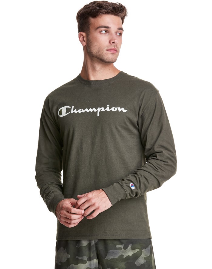 Tricou Champion Classic Long-Sleeve Script Logo Barbati Masline Verzi - Romania QHNLEVT-78